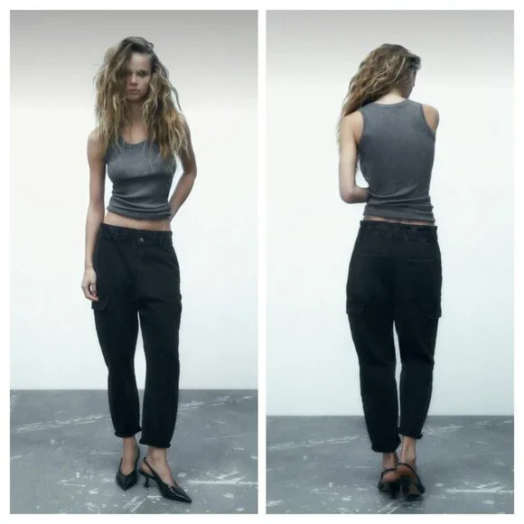 ZARA High Waist Baggy Fit Paper Bag Carrot Leg Ankle Rigid Black Womens 6 - Picture 1 of 16